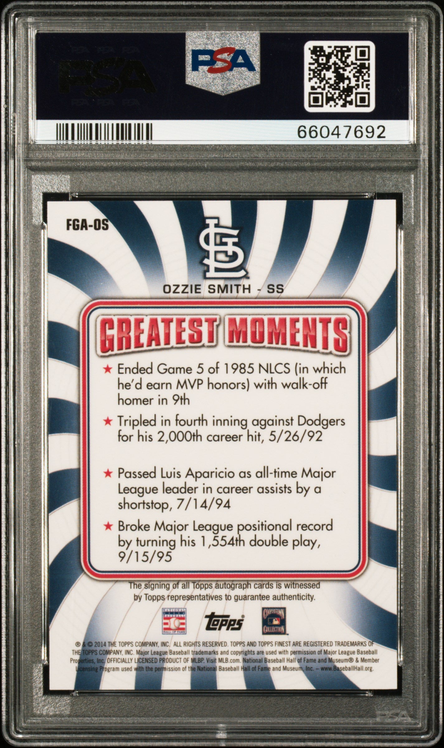 Ozzie Smith 2014 Finest Greats Red Refractor Auto #24/25 PSA 9 Auto 10