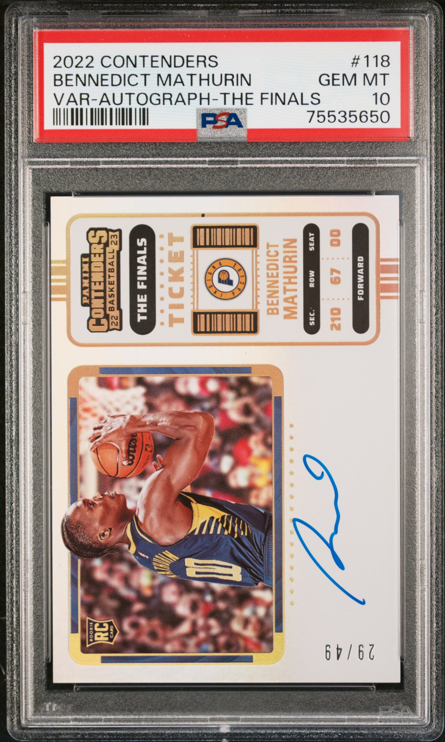 Benedict Mathurin 2022 Panini Contenders Finals Variation Rookie Auto #29/49 PSA 10 Gem Mint