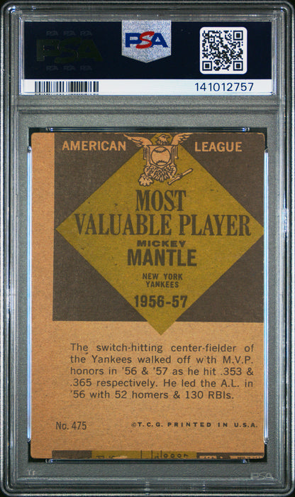 Mickey Mantle 1961 Topps MVP #475 PSA 3(MC) Very Good