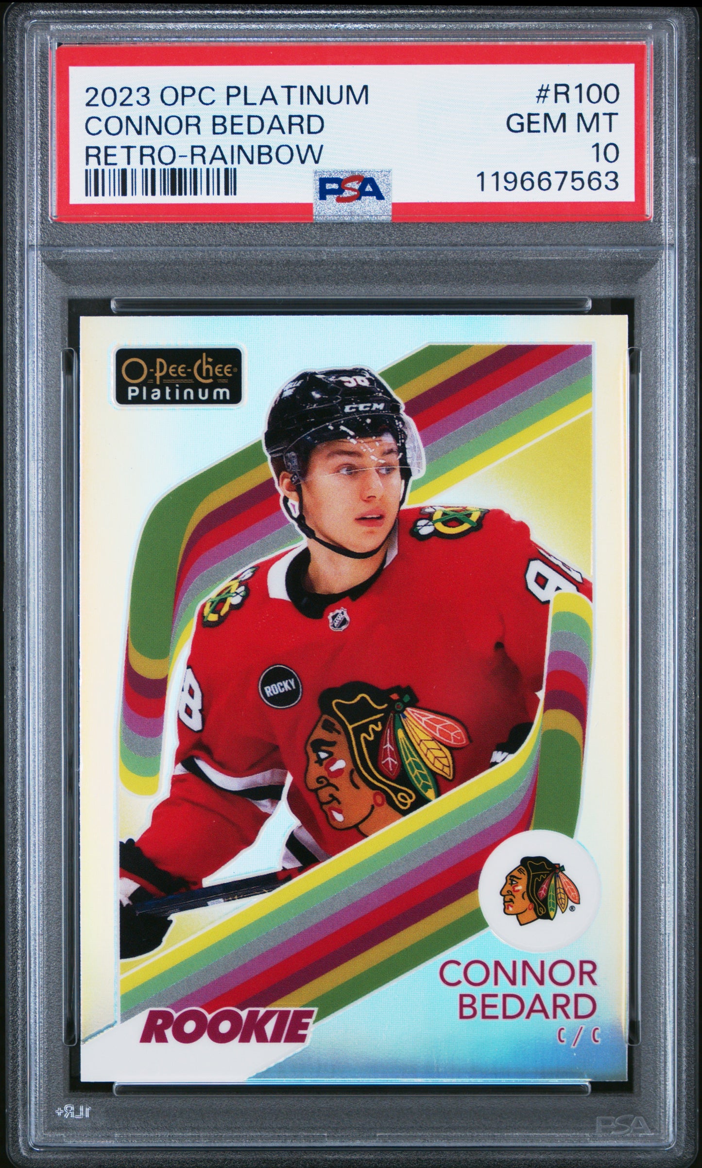Connor Bedard 2023 OPC Platinum Retro Rainbow Rookie #R100 PSA 10 Gem Mint