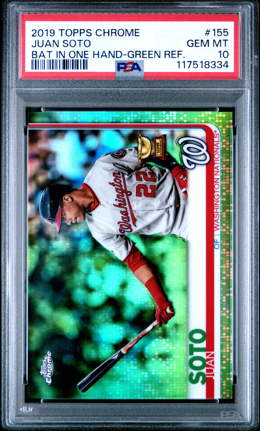 Juan Soto 2019 Topps Chrome Bat in one Hand Green Refractor #63/99 PSA 10 Gem Mint