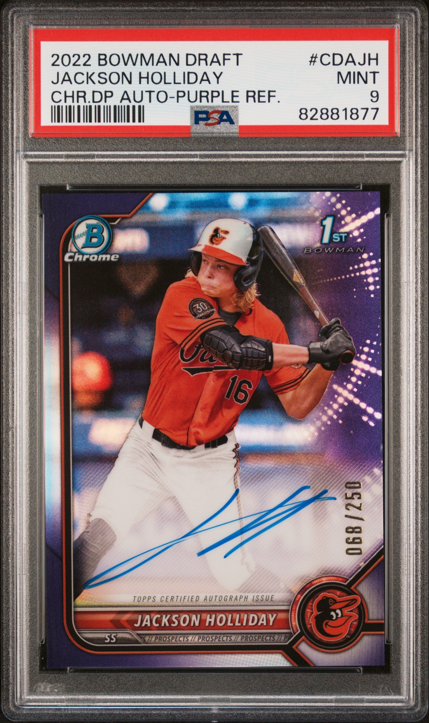 Jackson Holliday 2022 Bowman Chrome Draft Purple Refractor Auto #68/250 PSA 9 Mint