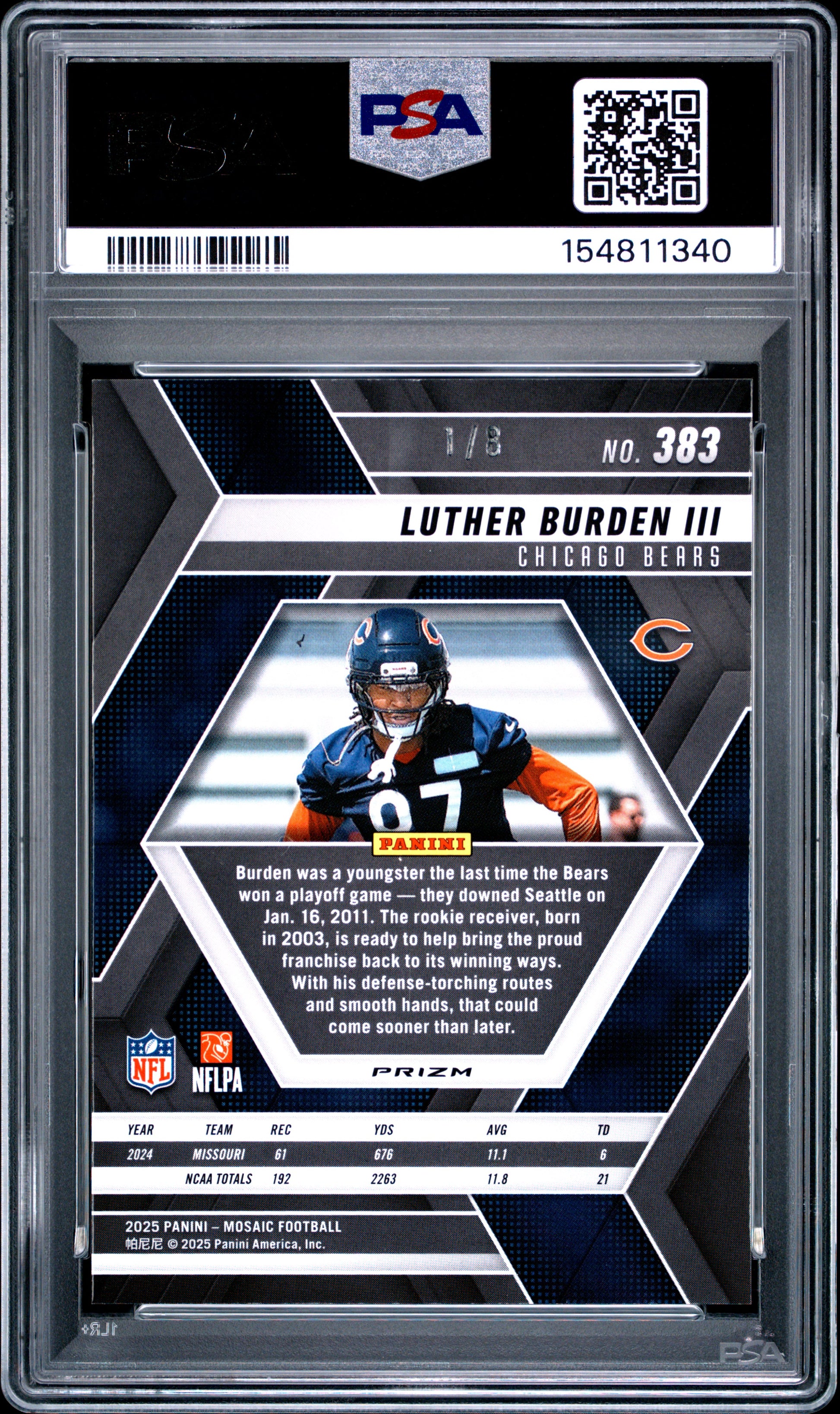 Luther Burden III 2025 Panini Mosiac Rookie #383 Black Gold Choice #1/8 PSA 10 Gem Mint