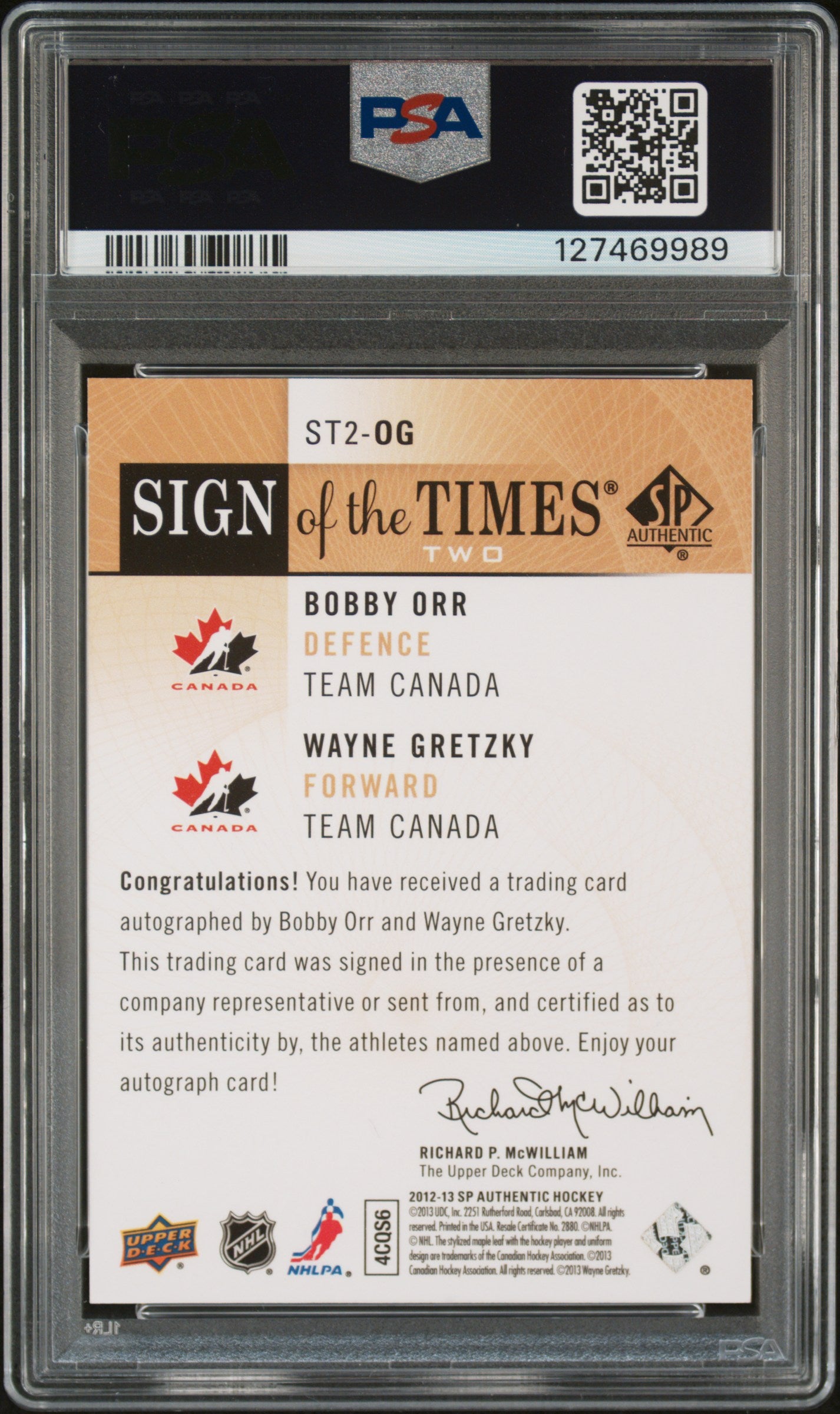 Wayne Gretzky + Bobby Orr 2012 Upper Deck SP Authentic Dual Auto PSA 9 Auto 10