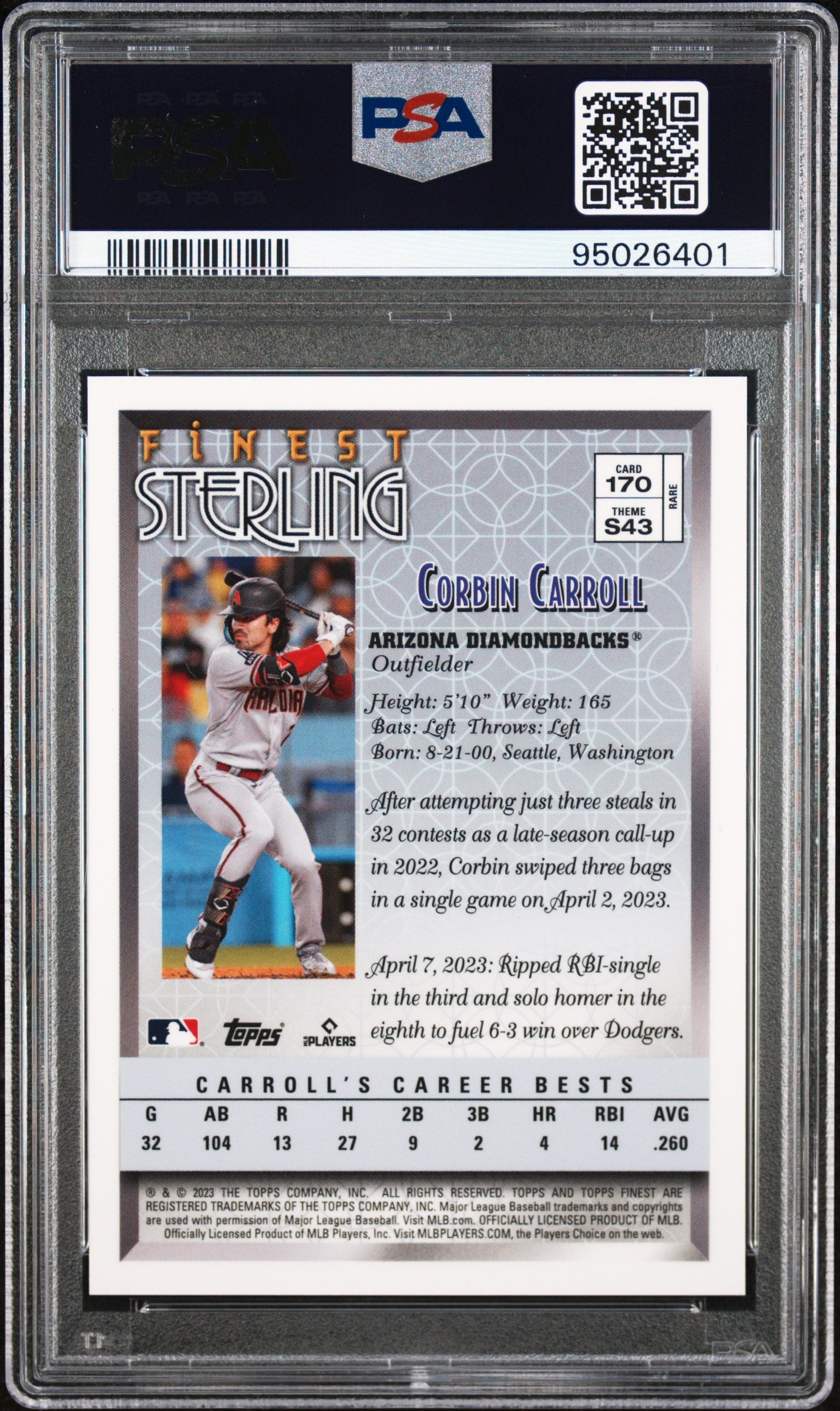 Corbin Carroll 2023 Topps Finest Flashbacks Superfractor RC #1/1 PSA 10 Gem Mint