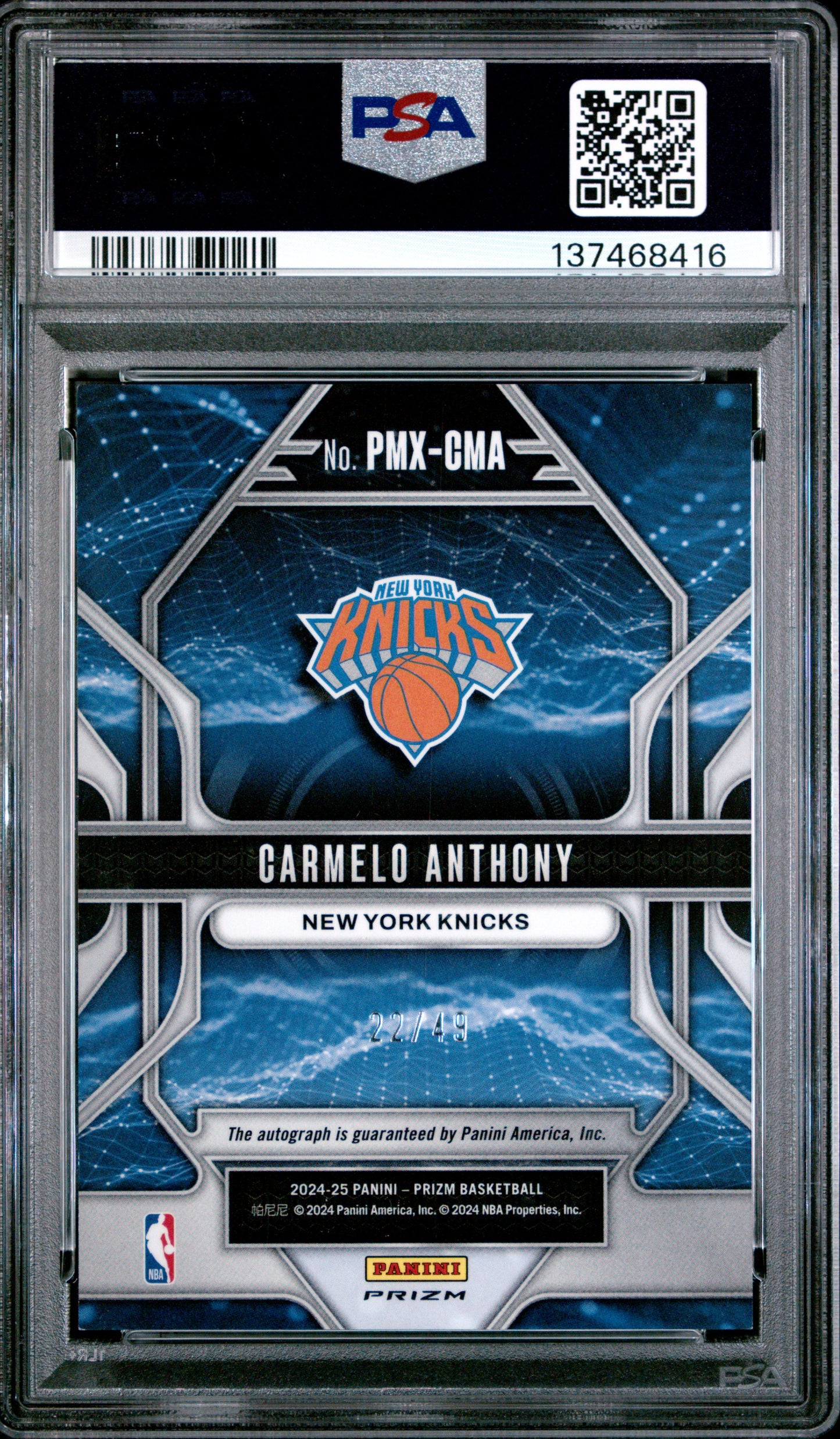 Carmelo Anthony 2024 Panini Prizm Prizmatrix Blue Auto PSA 9 Mint