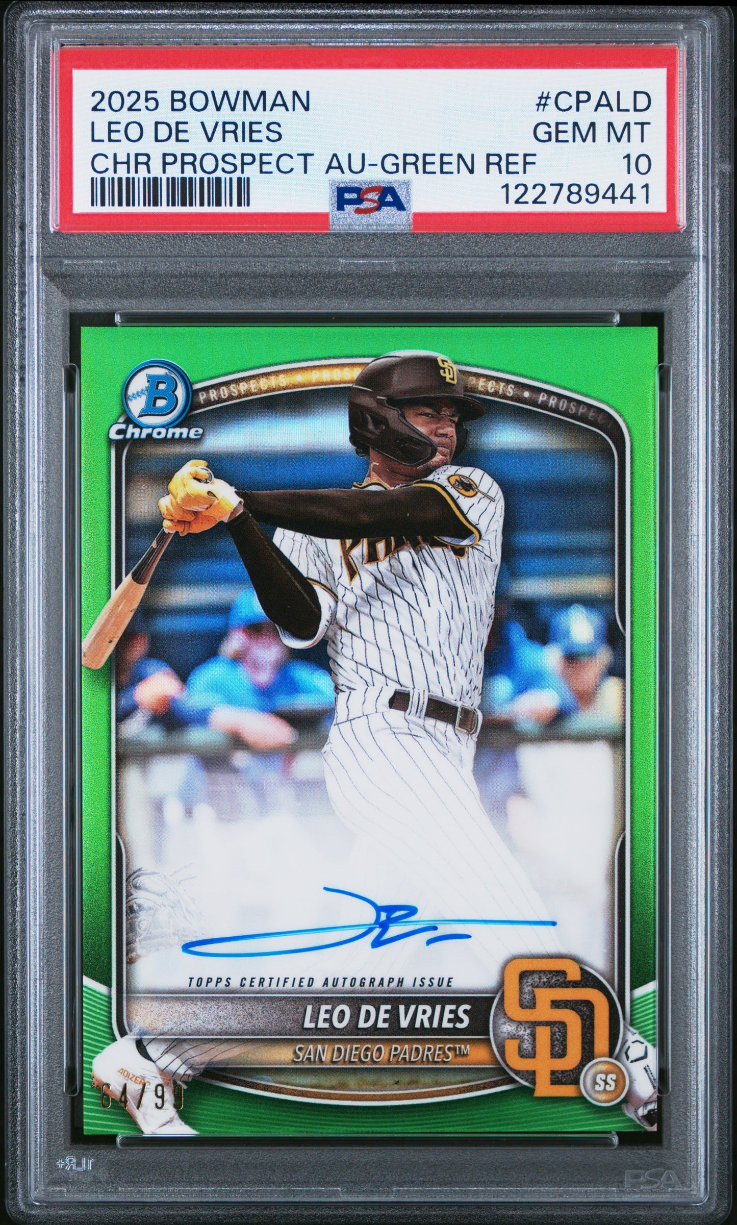 Leo De Vries 2025 Bowman Chrome Green Refractor Auto #64/99 PSA 10 Gem Mint