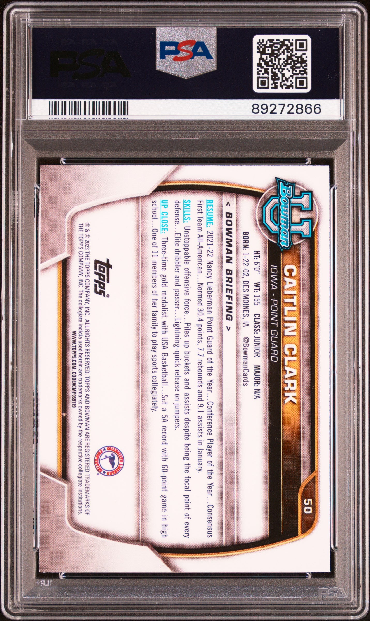 Caitlin Clark 2022 Bowman University #50 PSA 10 Gem Mint 2866