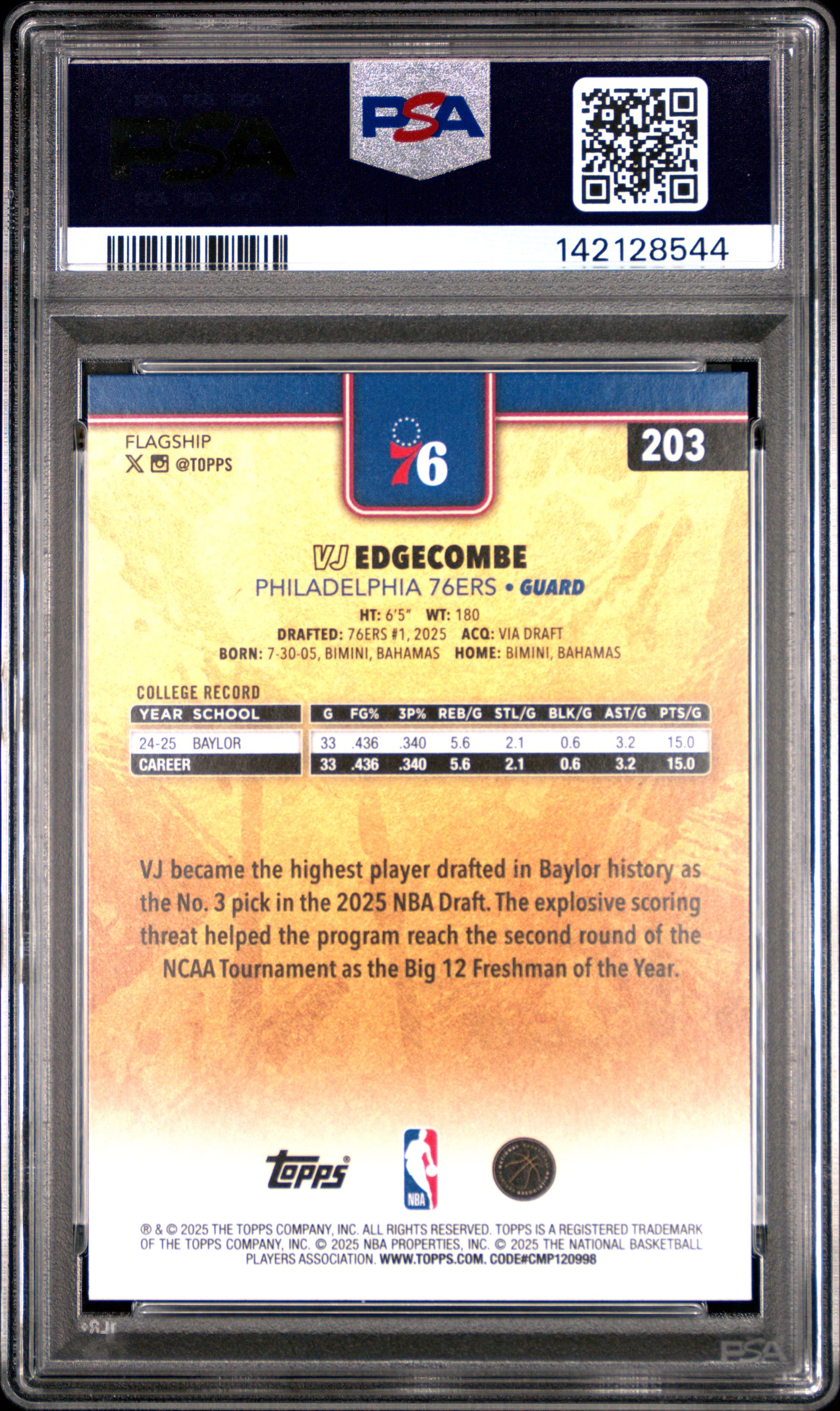 VJ Edgecombe 2025 Topps Rookie #203 Golden Mirror PSA 9 Mint