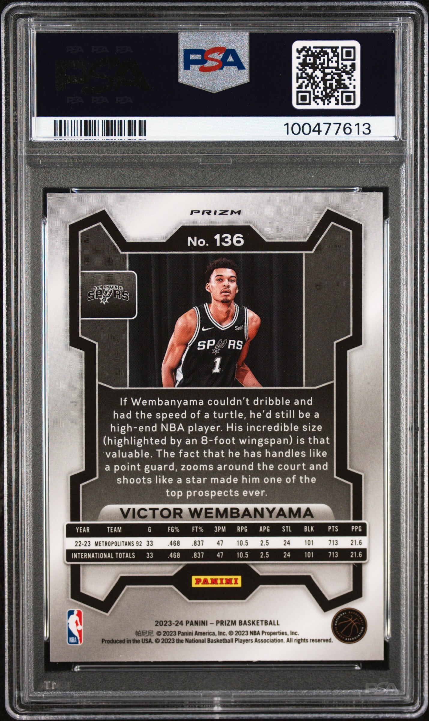 Victor Wembanyama 2023 Panini Prizm Rookie #136 Silver Prizm PSA 10 Gem Mint 7613