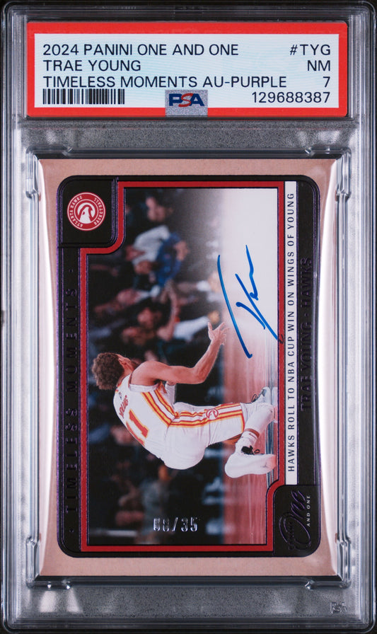 Trae Young 2024 Panini One and One Timeless Moments Purple Auto #8/35 PSA 7 Near Mint