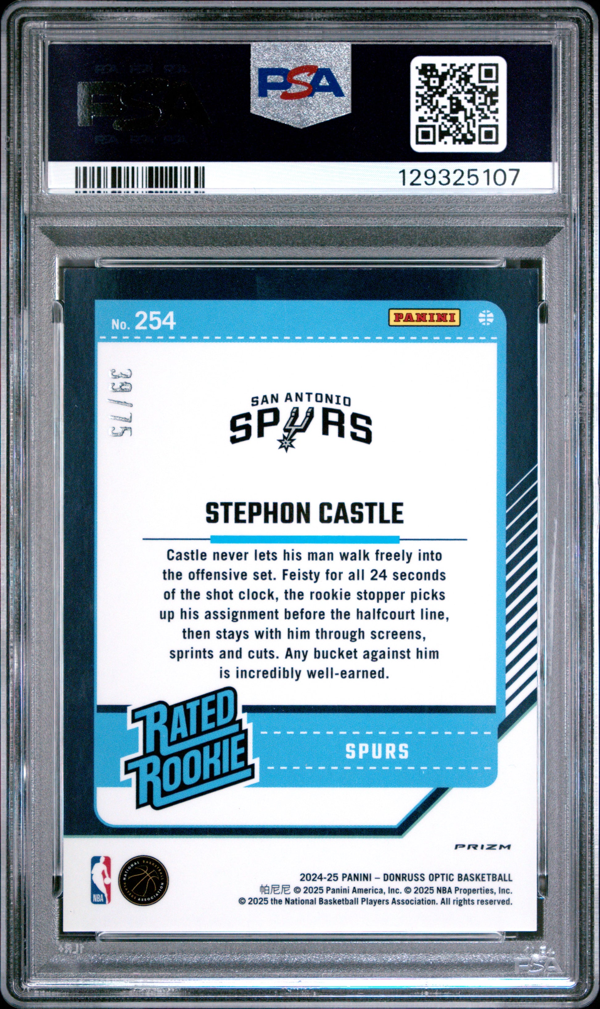 Stephon Castle 2024 Donruss Optic Blue Shimmer Rookie #39/75 PSA 9 Mint