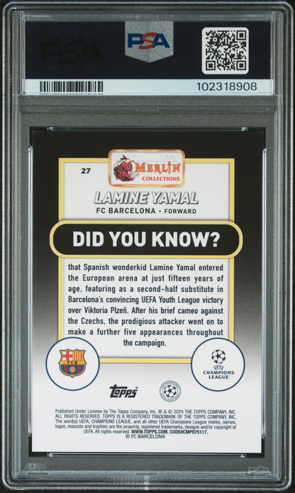 Lamine Yamal 2023 Topps Merlin UCC #27 Blue Shimmer PSA 9 Mint
