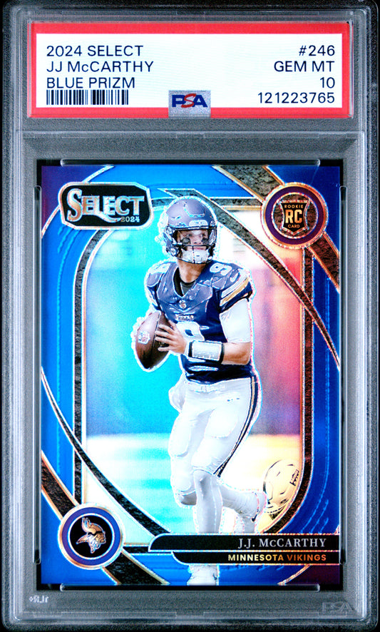 JJ McCarthy 2024 Panini Select Rookie #246 Blue Prizm #48/99 PSA 10 Gem Mint