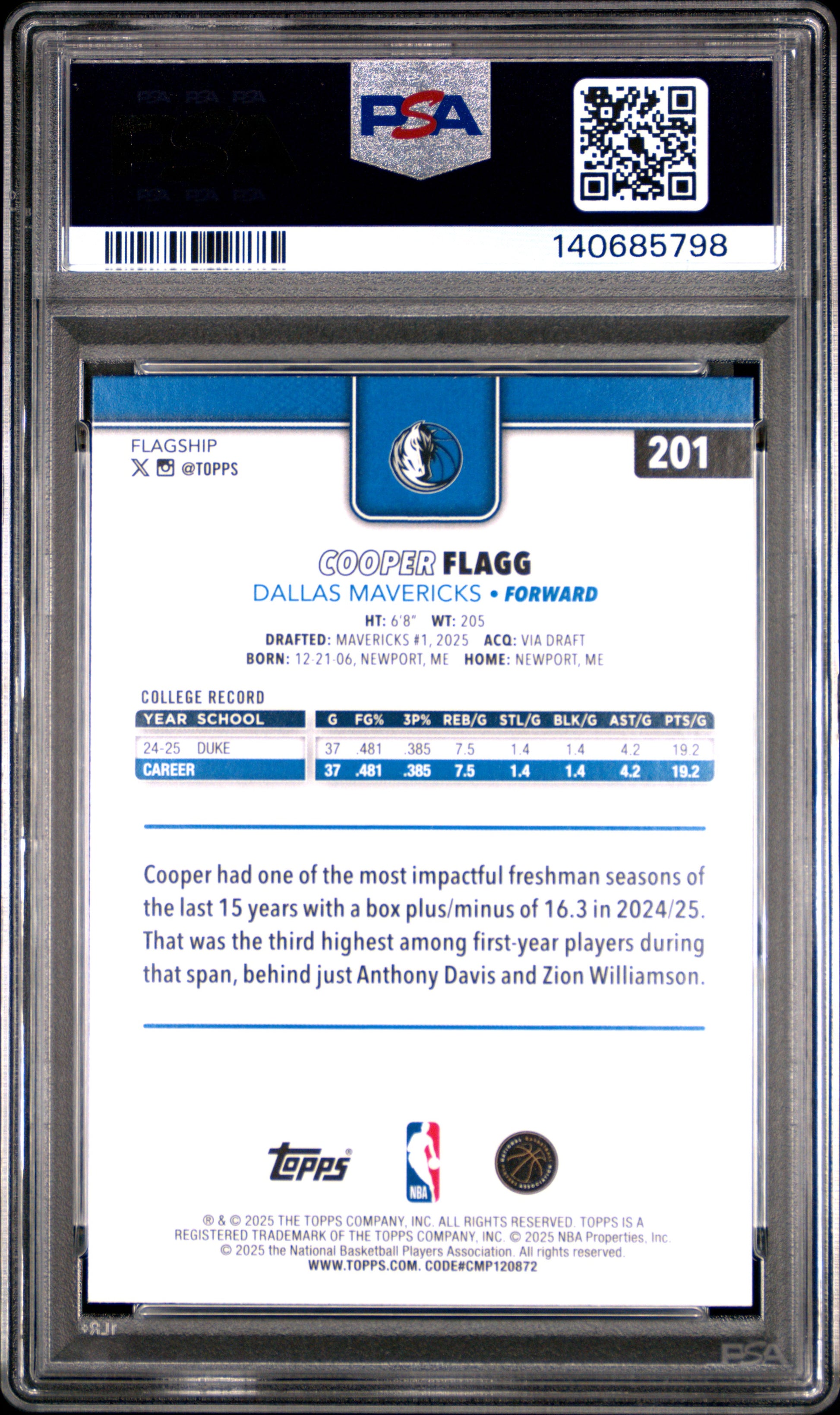Cooper Flagg 2025 Topps Rookie #201 PSA 10 Gem Mint 5798
