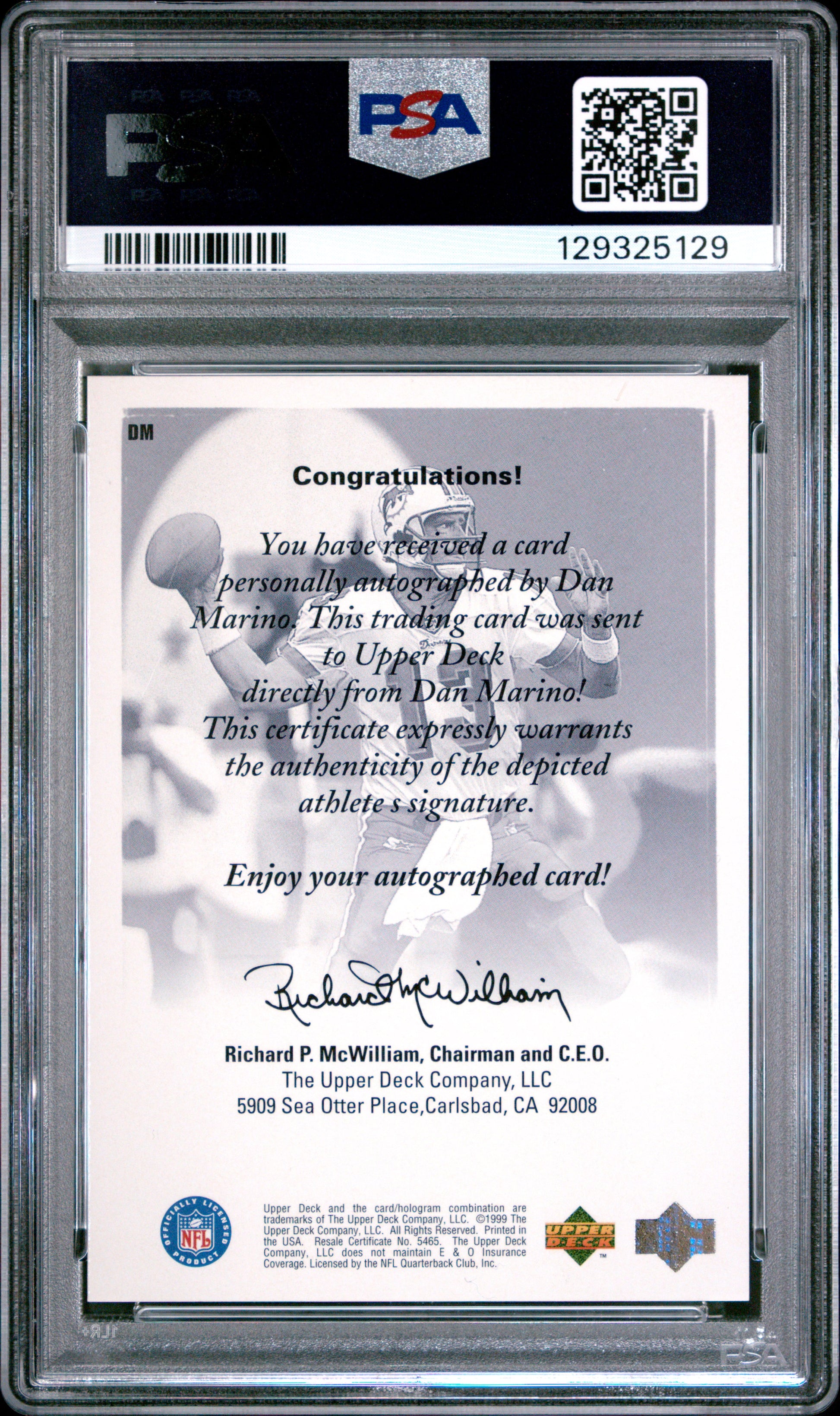 Dan Marino 1998 SPx Finite UD Authentics Auto PSA 9 Mint