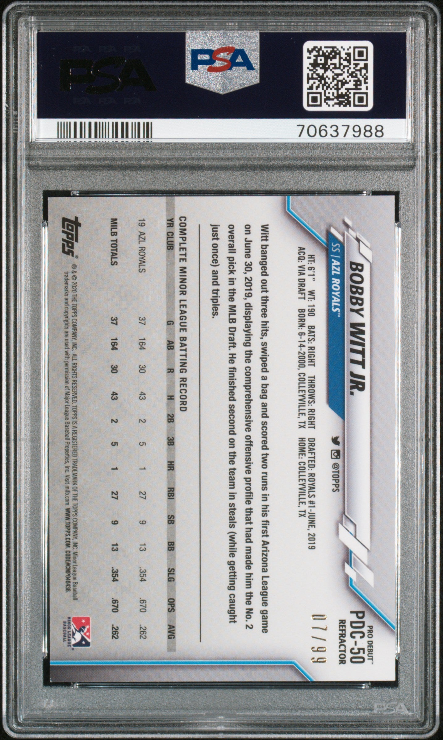 Bobby Witt Jr. 2020 Topps Pro Debut Chrome Refractor #7/99 PSA 10 Gem Mint