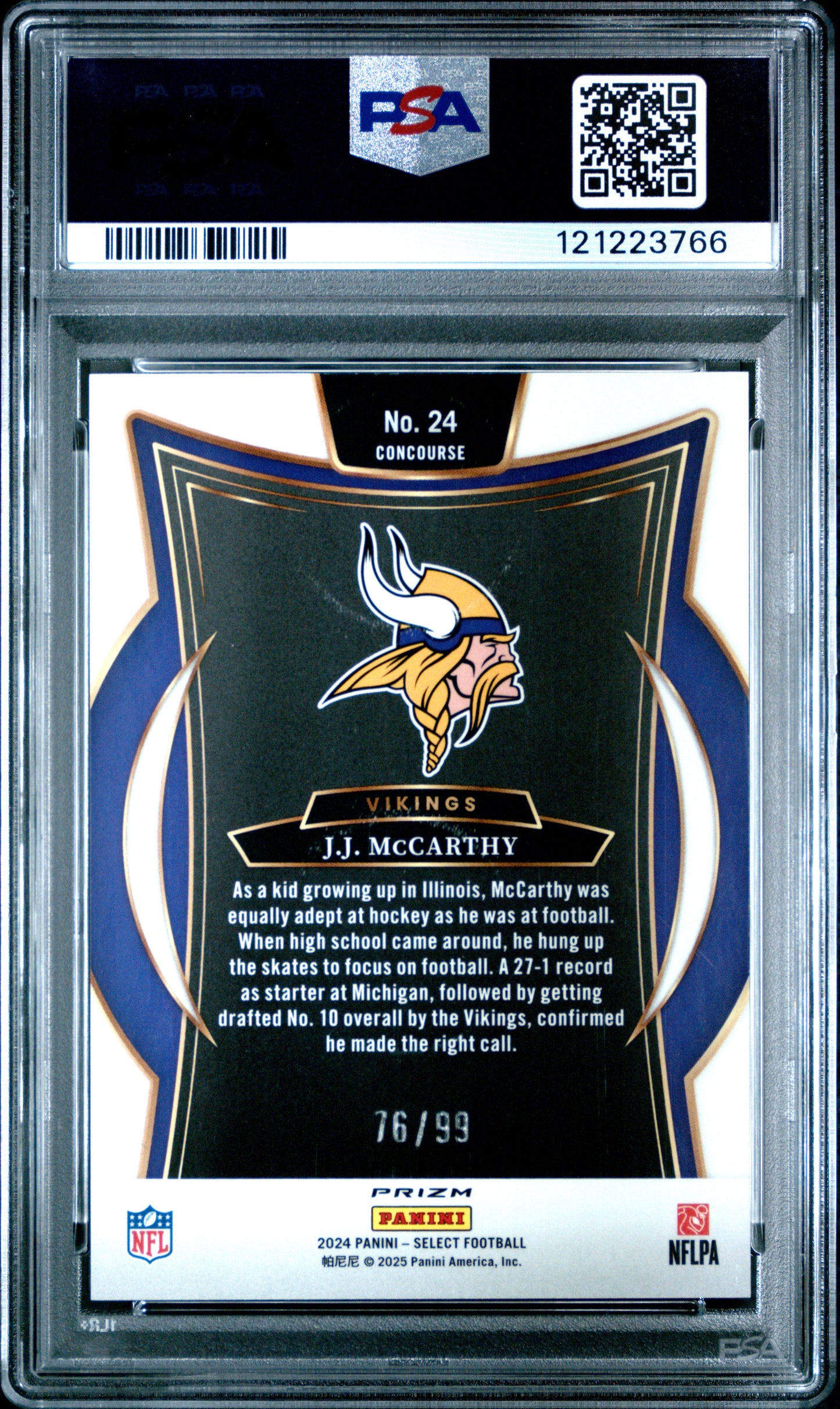 JJ McCarthy 2024 Panini Select Rookie #24 Red Prizm #76/99 PSA 10 Gem Mint