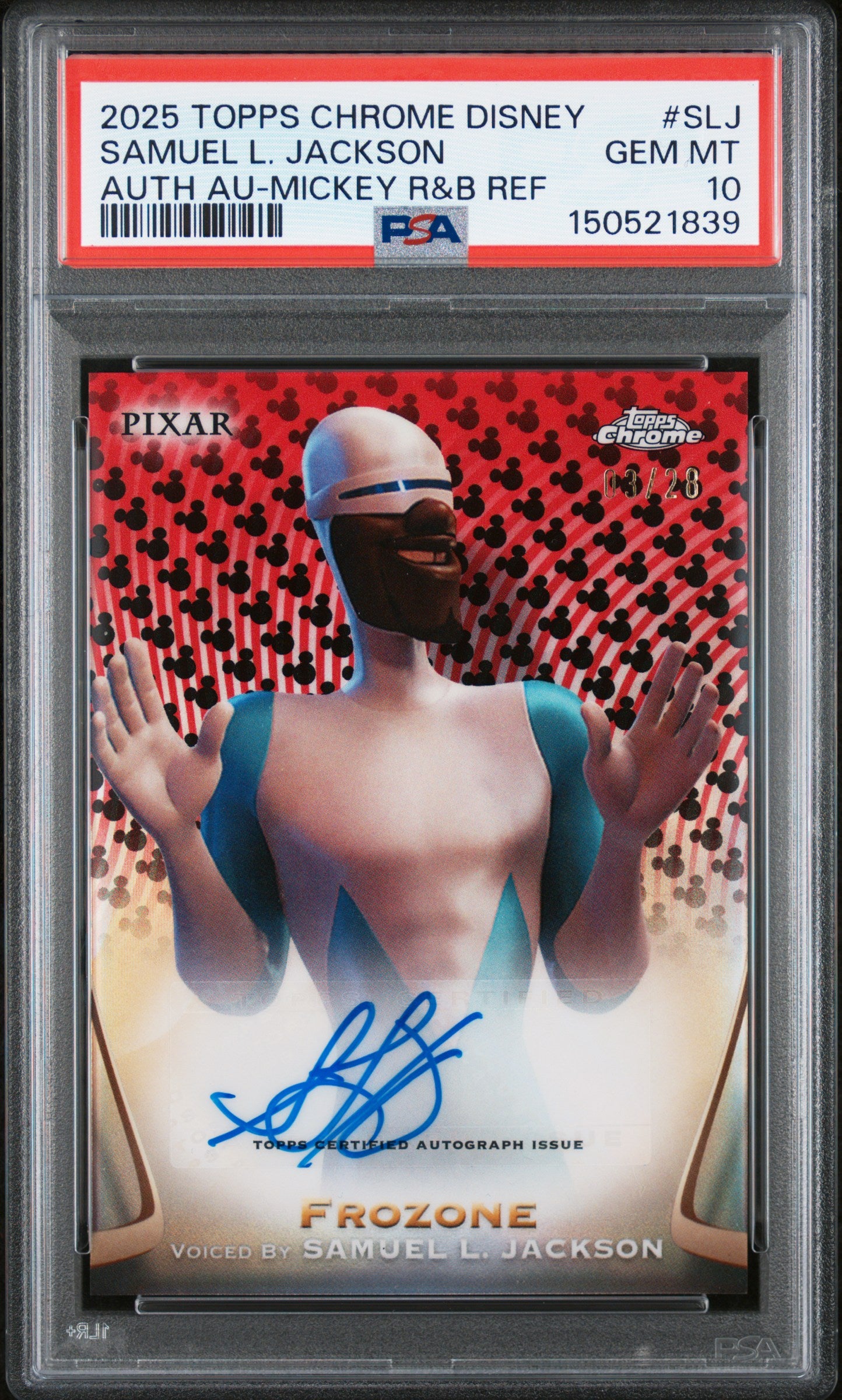 Samuel L. Jackson 2025 Topps Chrome Disney Mickey Red and Blak Auto #3/28 PSA 10 Gem Mint