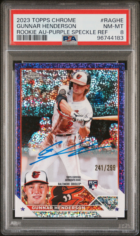 Gunnar Henderson 2023 Topps Chrome Purple Speckle Refractor Auto #241/299 PSA 8 Nm-Mint