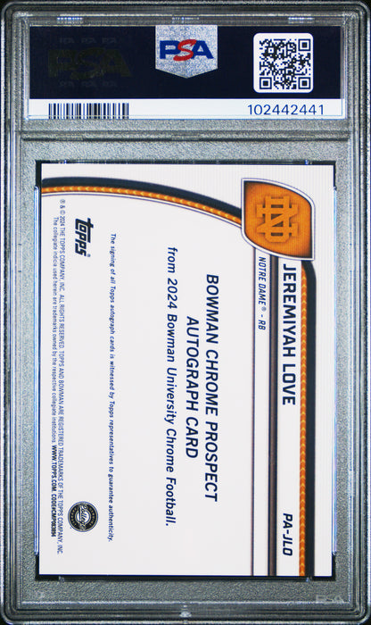 Jeremiyah Love 2024 Bowman Chrome U Yellow Refractor Auto #21/75 PSA 10 Gem Mint