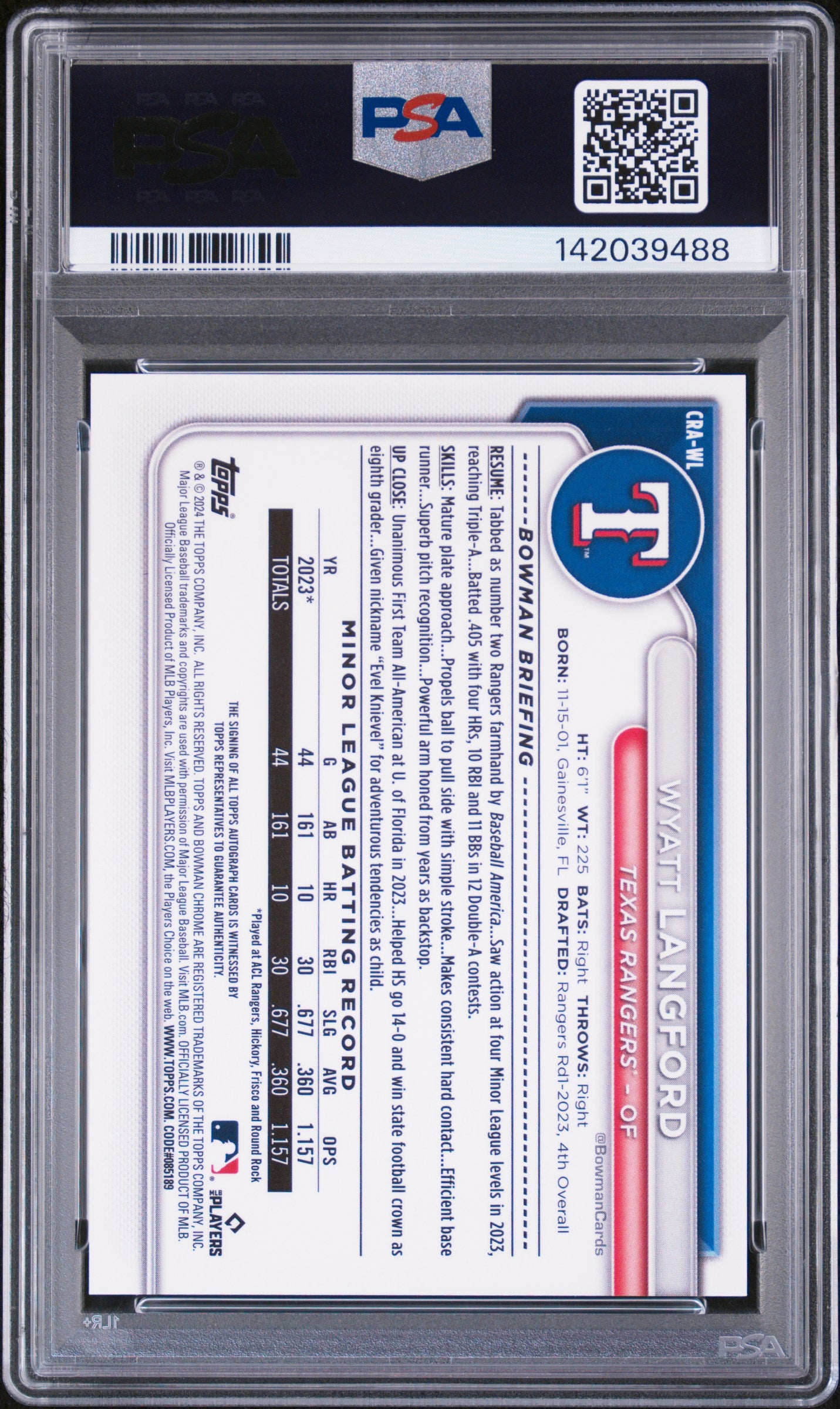 Wyatt Langford 2024 Bowman Chrome Gold Refractor Rookie Auto #50/50 PSA 9 Auto 10