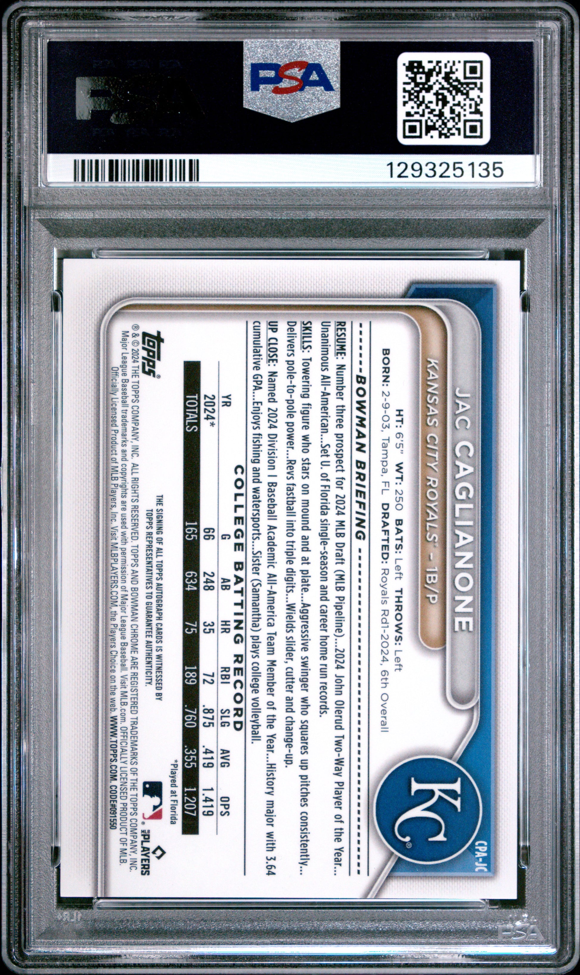 Jac Caglianone 2024 Bowman Chrome Draft Auto PSA 9 Mint