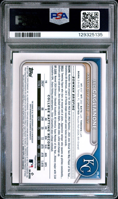 Jac Caglianone 2024 Bowman Chrome Draft Auto PSA 9 Mint