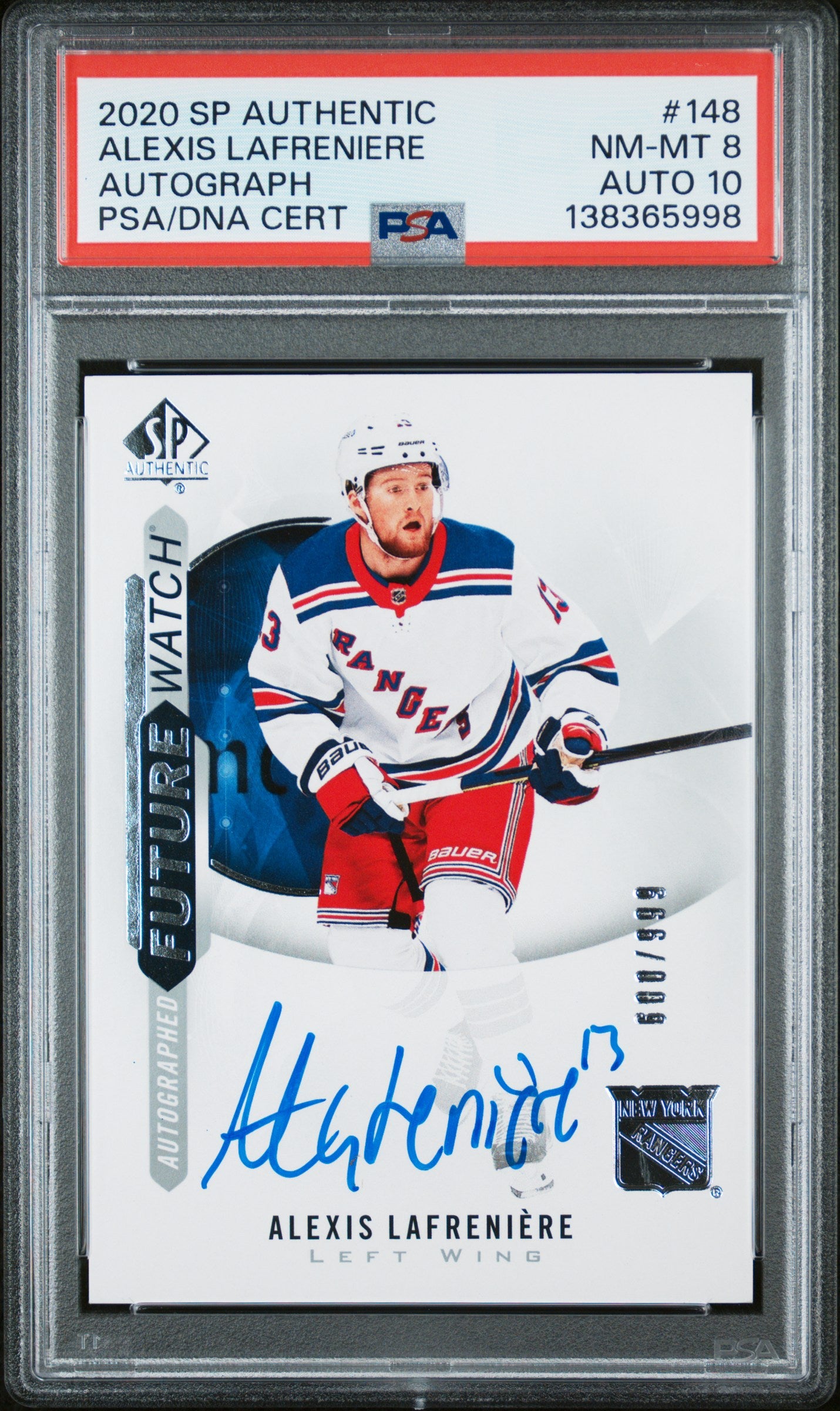Alexis Lafreniere 2020 Upper Deck SP Authentic Rookie Auto #608/999 PSA 8 Auto 10