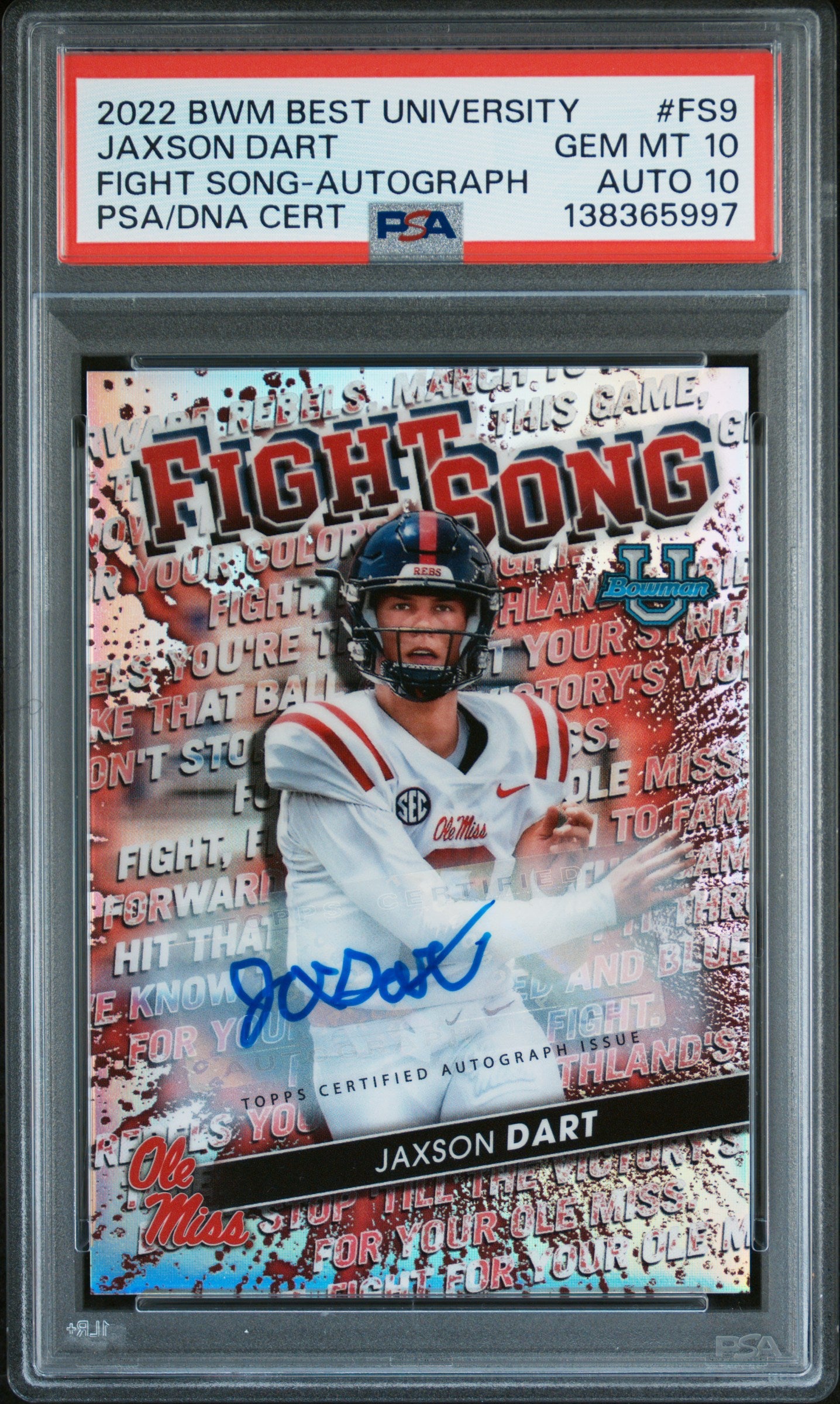 Jaxson Dart 2022 Bowmans Best U Fight Song Autograph #38/99 PSA 10 Auto 10