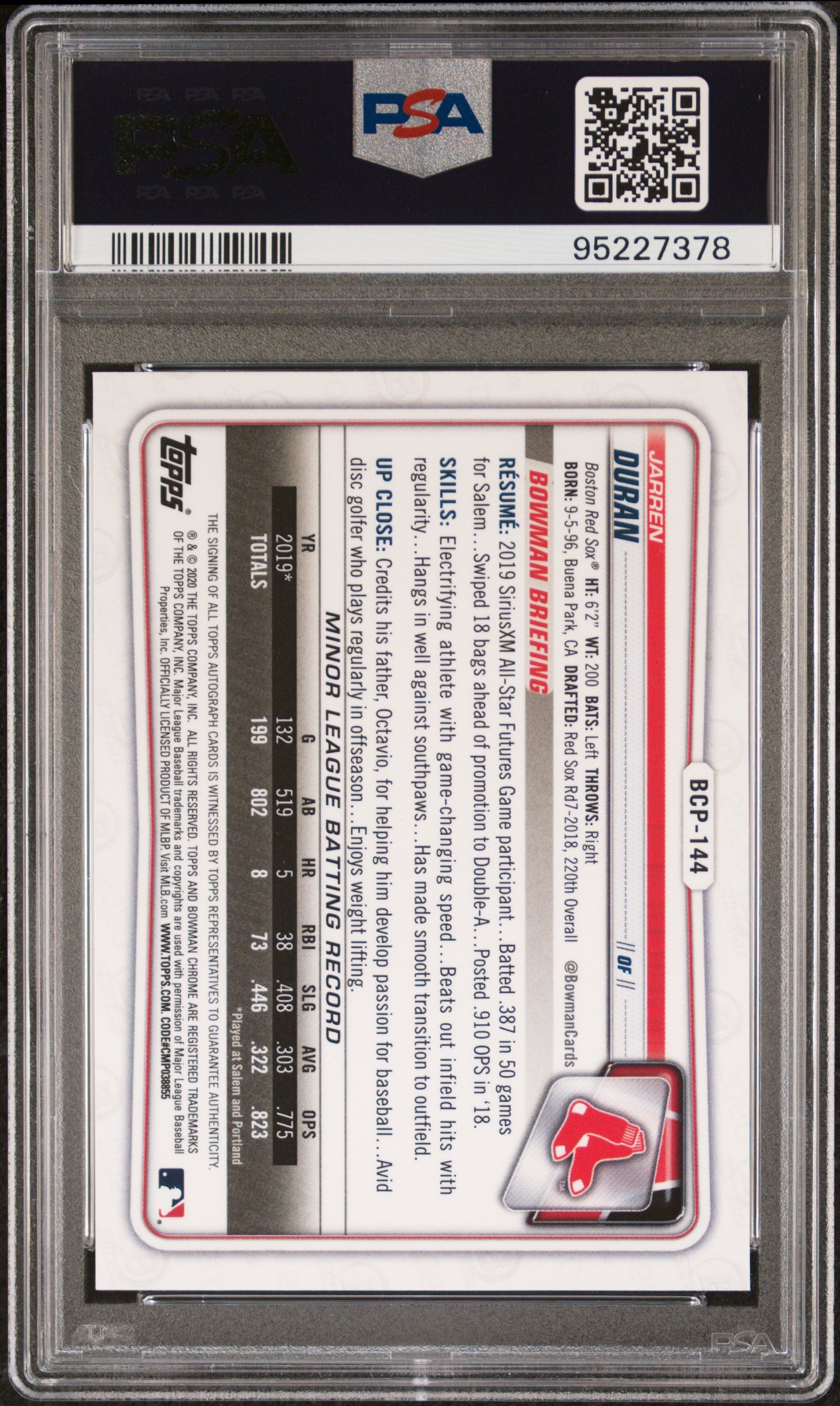 Jarren Duran 2020 Bowman Chrome Mega Box SP Navy Blue Jersey Auto PSA 9 Auto 10