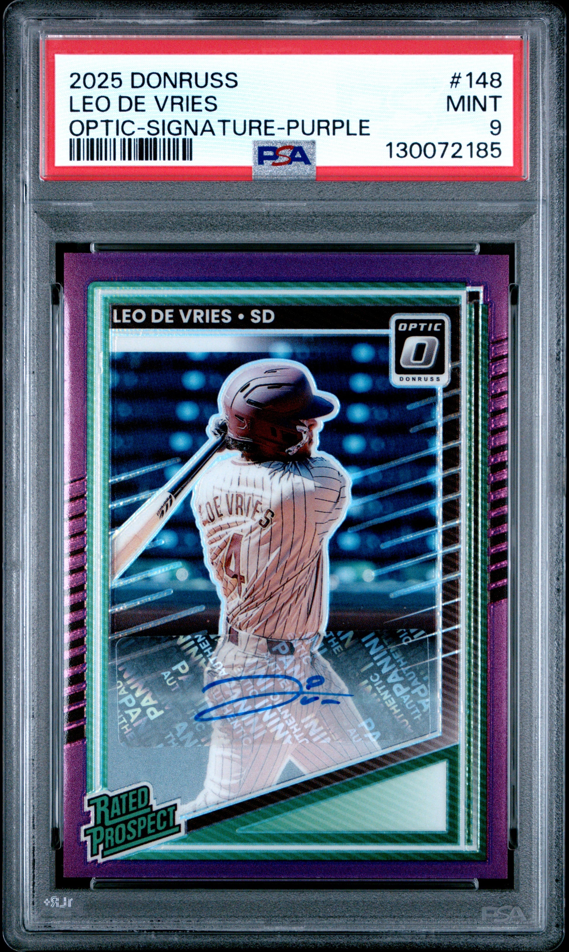 Leo De Vries 2025 Donruss Optic Purple Auto #9/49 PSA 9 Mint