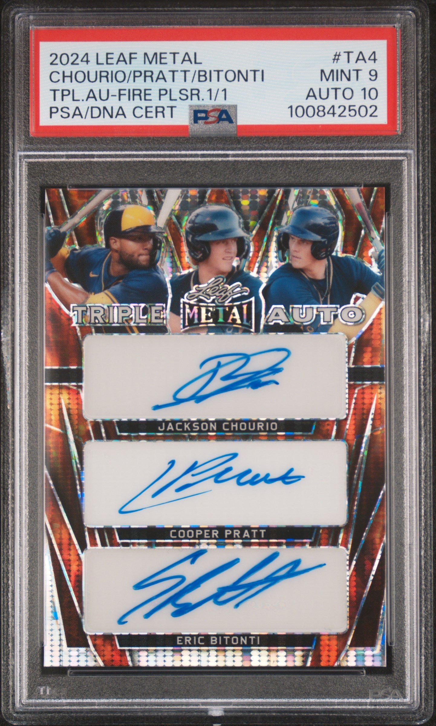 Jackson Chourio + Pratt + Bitonti 2024 Leaf Metal Triple Auto Fire Pulsar #1/1 PSA 9 Auto 10