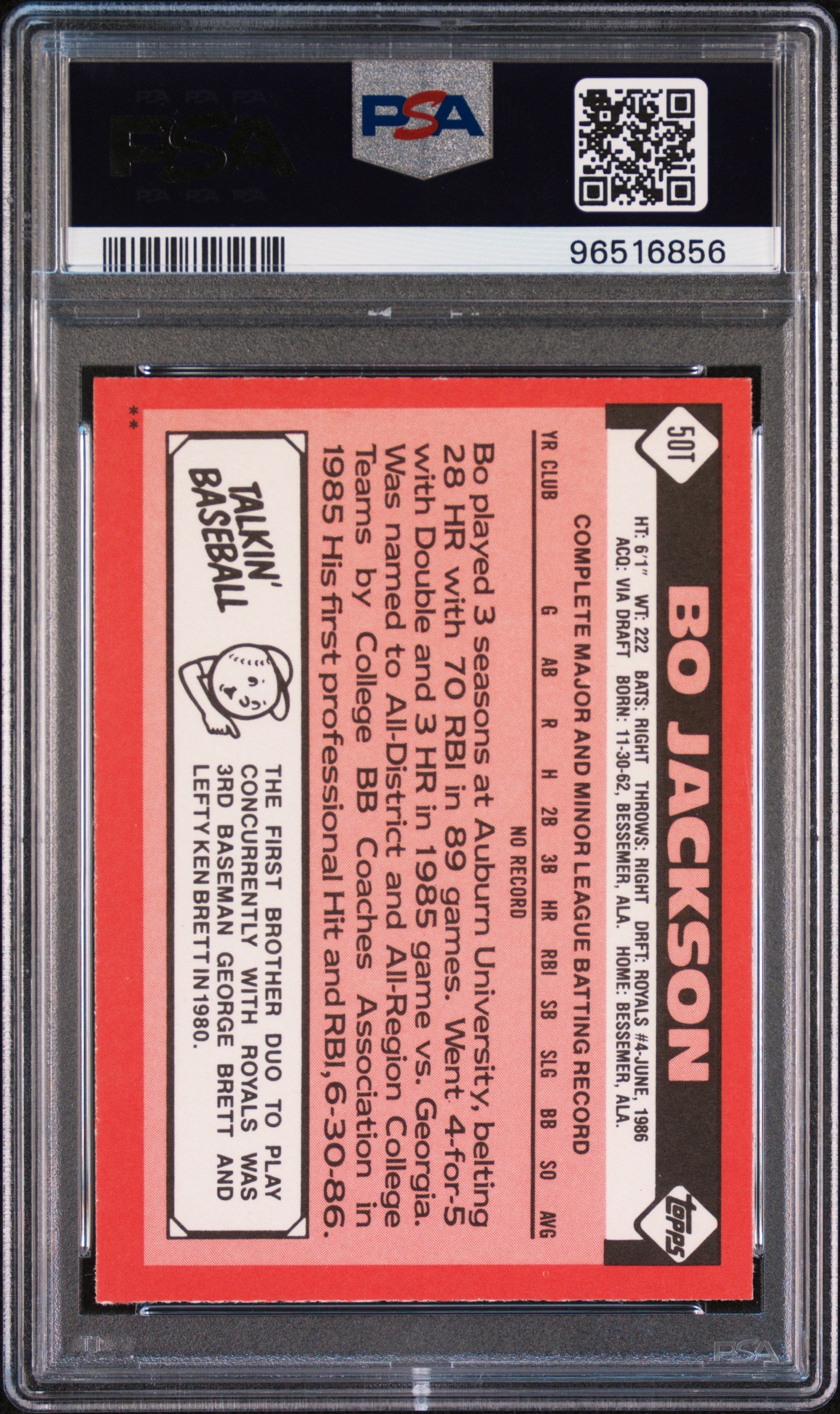 Bo Jackson 1986 Topps Traded Rookie #50T PSA 9 Mint 6856