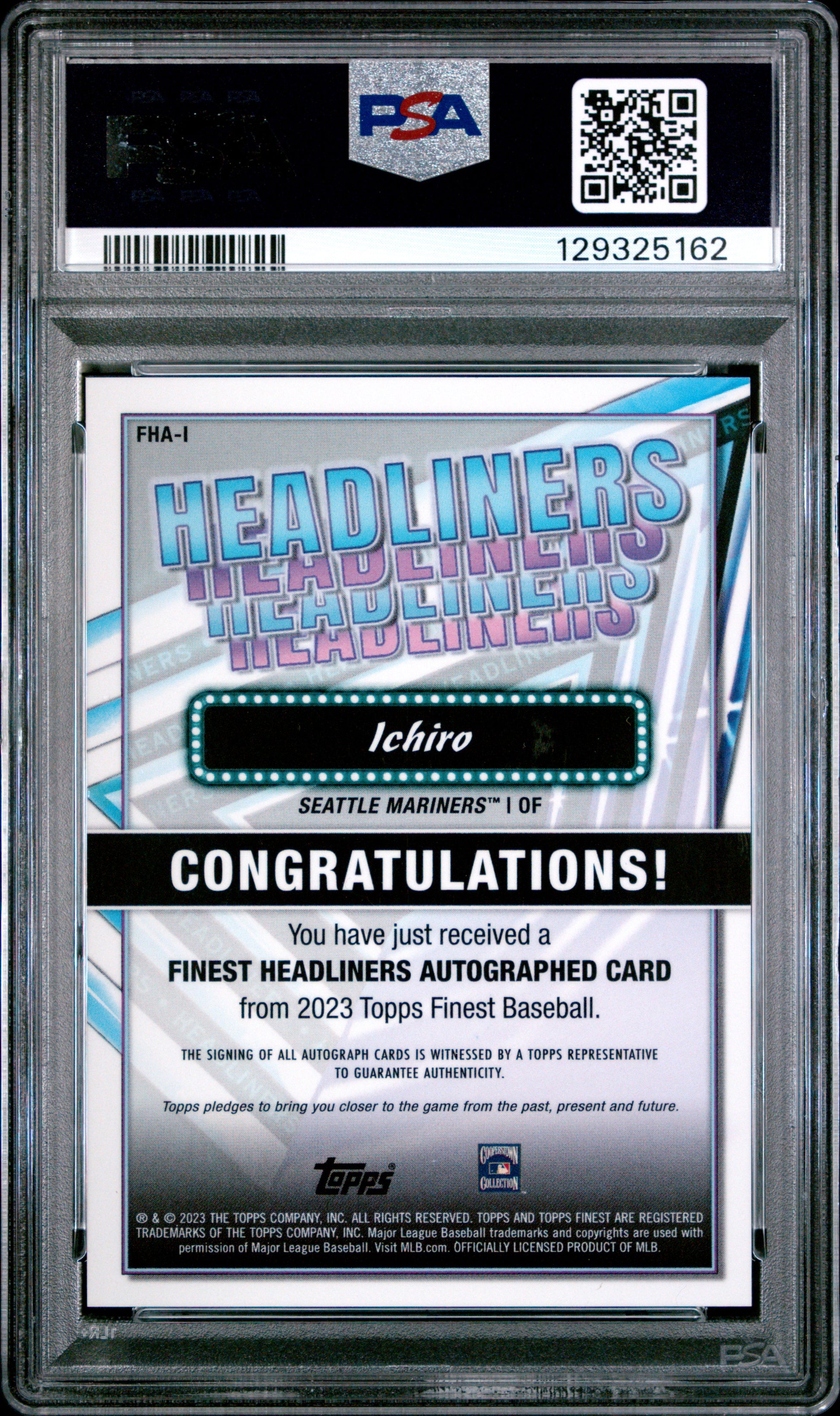 Ichiro 2023 Topps Finest Headliners Orange Refractor Auto #1/25 PSA 8 Nm-Mint