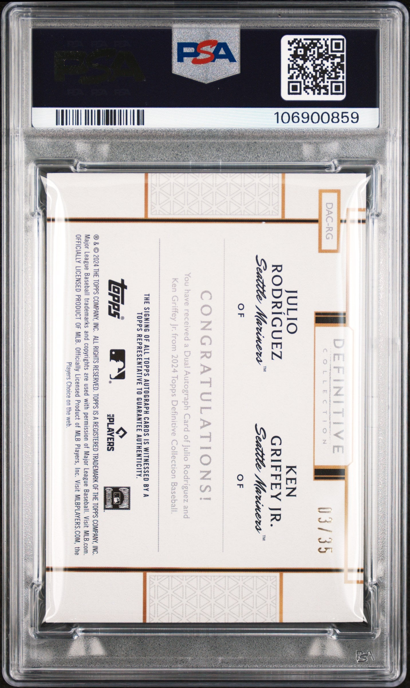 Ken Griffey Jr. + Julio Rodriguez 2024 Topps Definitive Dual Autograph #3/35 PSA 10 Gem Mint
