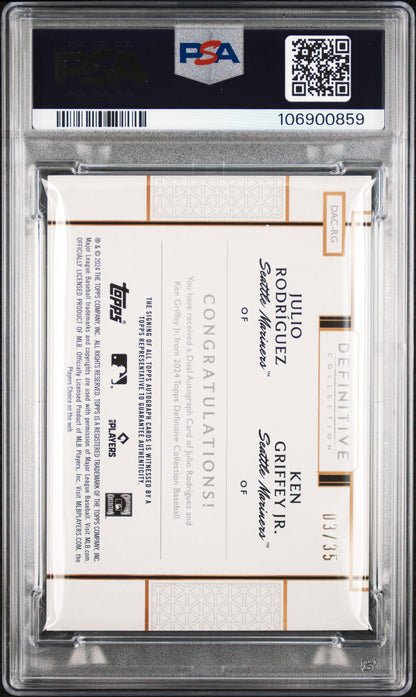 Ken Griffey Jr. + Julio Rodriguez 2024 Topps Definitive Dual Autograph #3/35 PSA 10 Gem Mint
