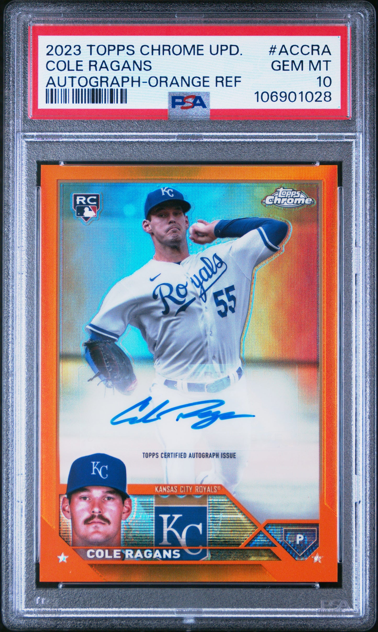 Cole Ragans 2023 Topps Chrome Update Orange Refractor Auto #5/25 PSA 10 Gem Mint