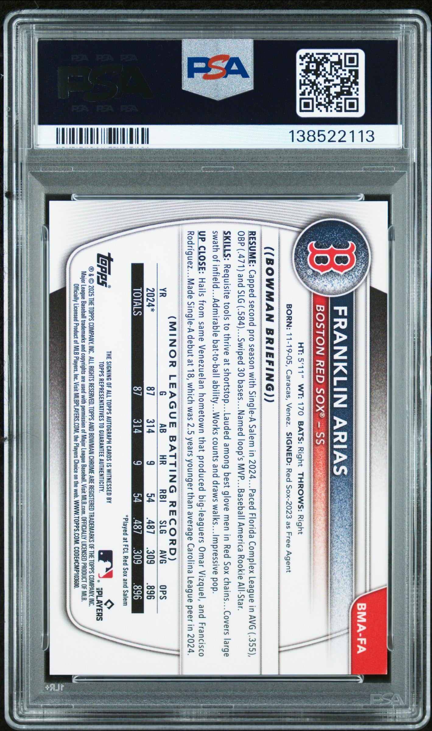 Franklin Arias 2025 Bowman Mega Box Purple Refractor Auto #173/199 PSA 9 Mint