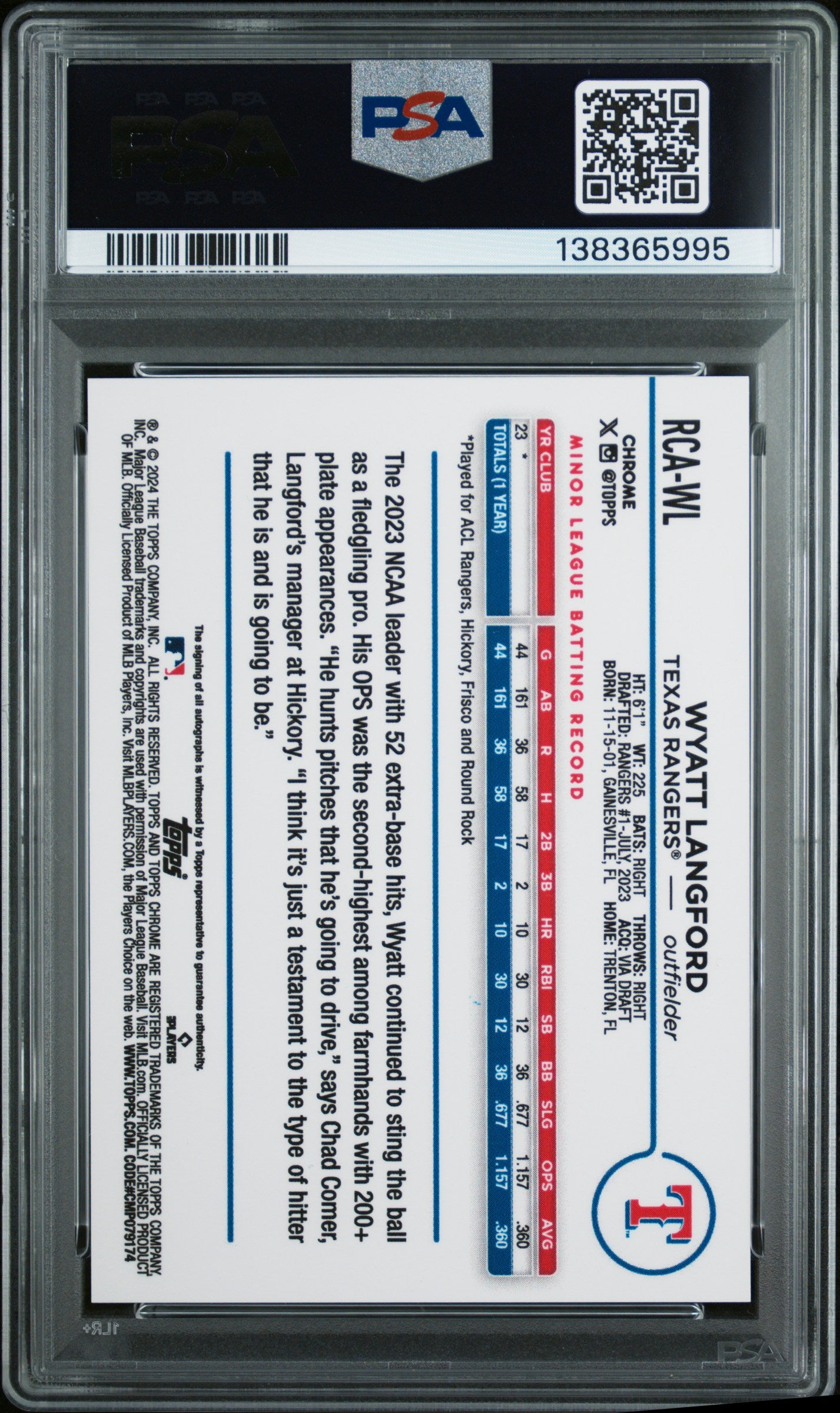 Wyatt Langford 2024 Topps Chrome Logofractor Green Rookie Auto #62/99 PSA 10 Auto 10