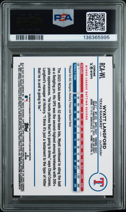 Wyatt Langford 2024 Topps Chrome Logofractor Green Rookie Auto #62/99 PSA 10 Auto 10