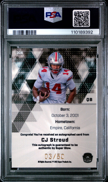 C.J. Stroud 2021 Super Glow Red Golw Auto #3/50 PSA 8 Nm-Mint