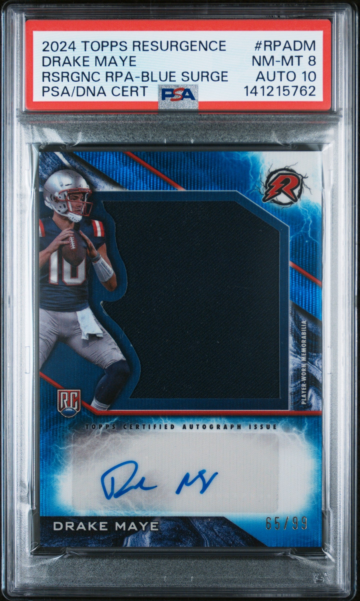 Drake Maye 2024 Topps Resurgence Rookie Patch Auto BLue Surge #65/99 PSA 8 Auto 10