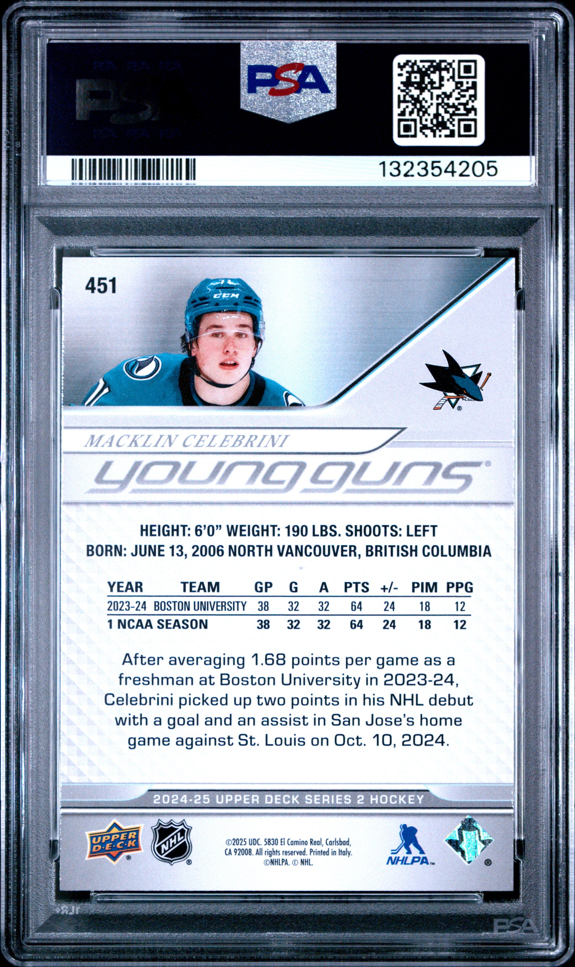 Macklin Celebrini 2024 Upper Deck Rookie #451 PSA 10 Gem Mint 4205
