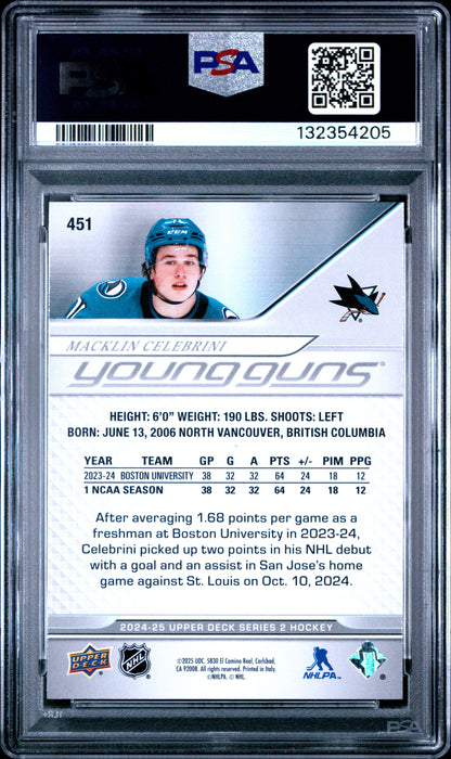 Macklin Celebrini 2024 Upper Deck Rookie #451 PSA 10 Gem Mint 4205
