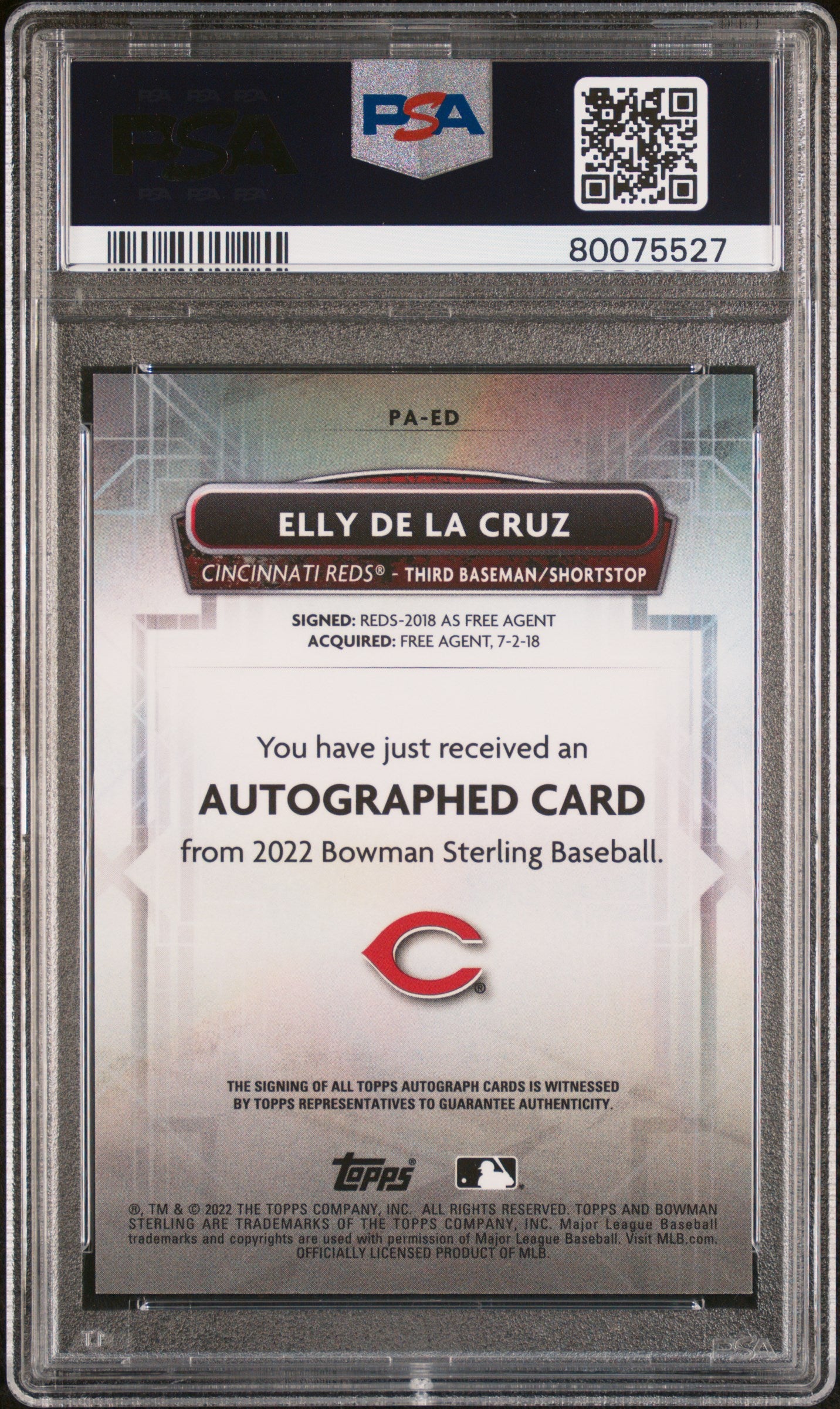 Elly de la Cruz 2022 Bowman Sterling Gold Refractor Auto #27/50 PSA 10 Gem Mint