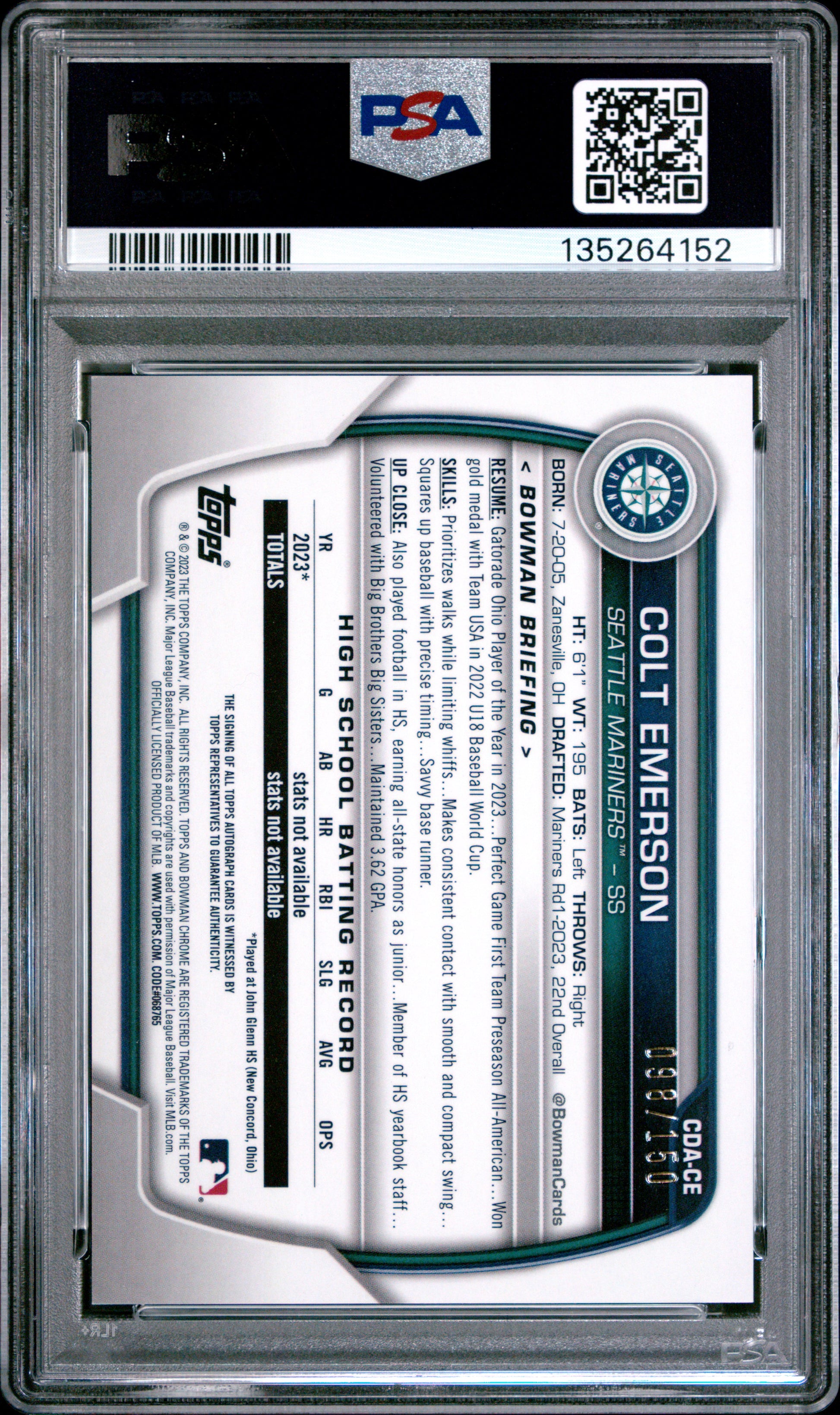 Colt Emerson 2023 Bowman Chrome Draft Blue Refractor Auto #98/150 PSA 10 Gem Mint
