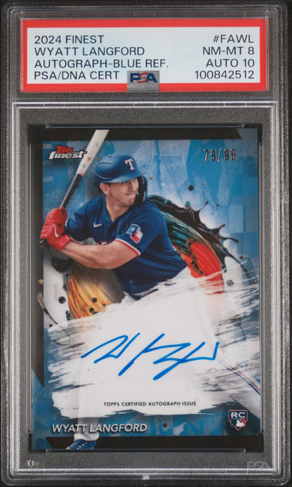 Wyatt Langford 2024 Topps Finest Blue Refractor Rookie Auto #79/99 PSA 8 Auto 10