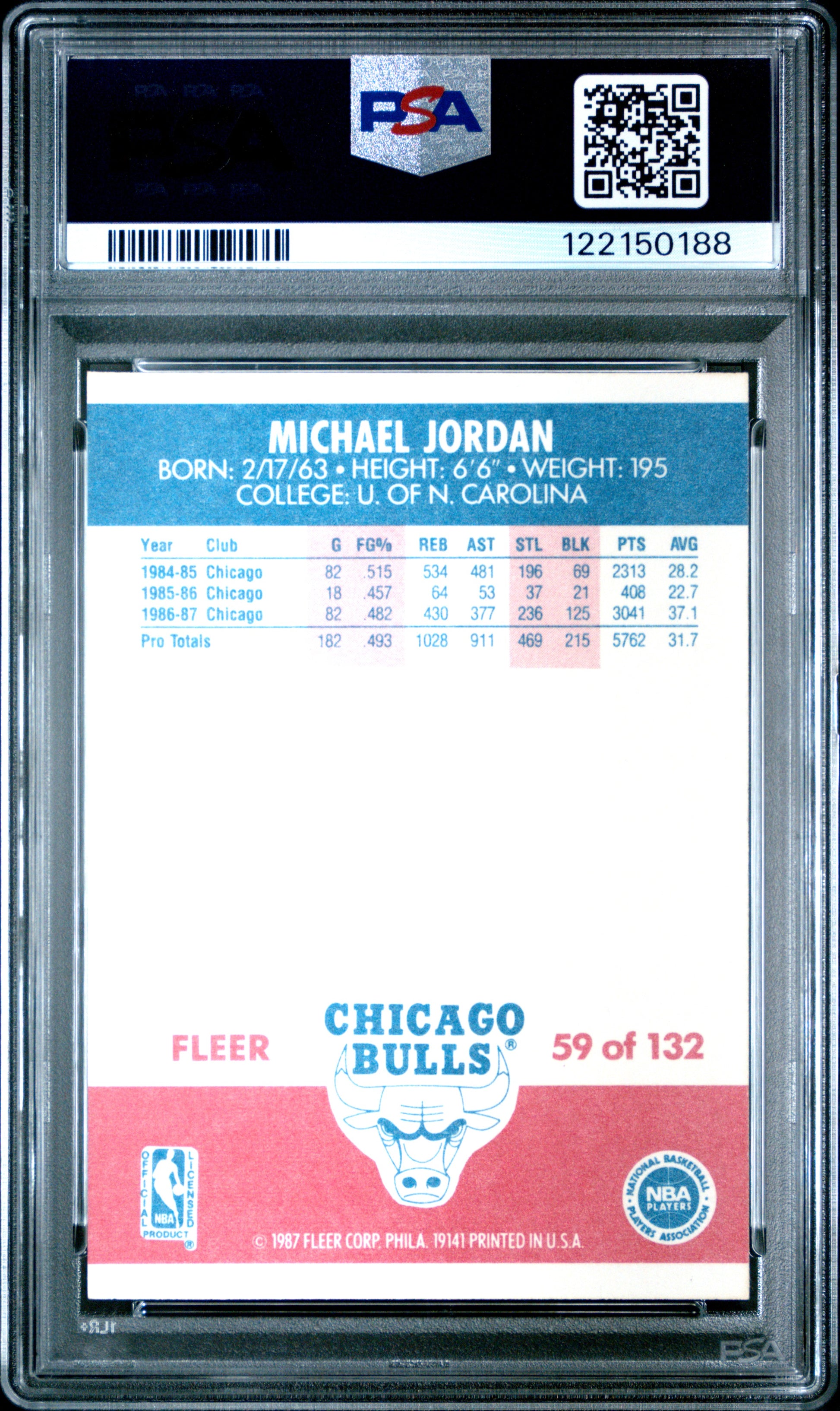 Michael Jordan 1987 Fleer #59 PSA 6 Ex-Mint 0188