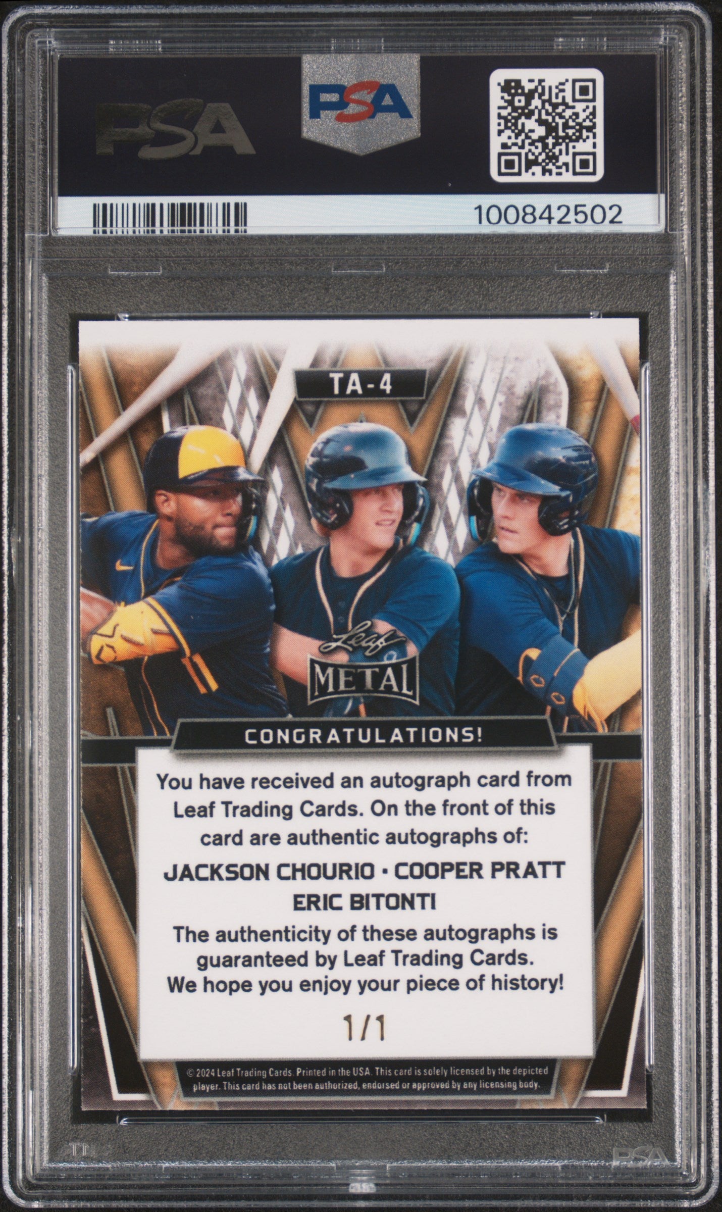Jackson Chourio + Pratt + Bitonti 2024 Leaf Metal Triple Auto Fire Pulsar #1/1 PSA 9 Auto 10